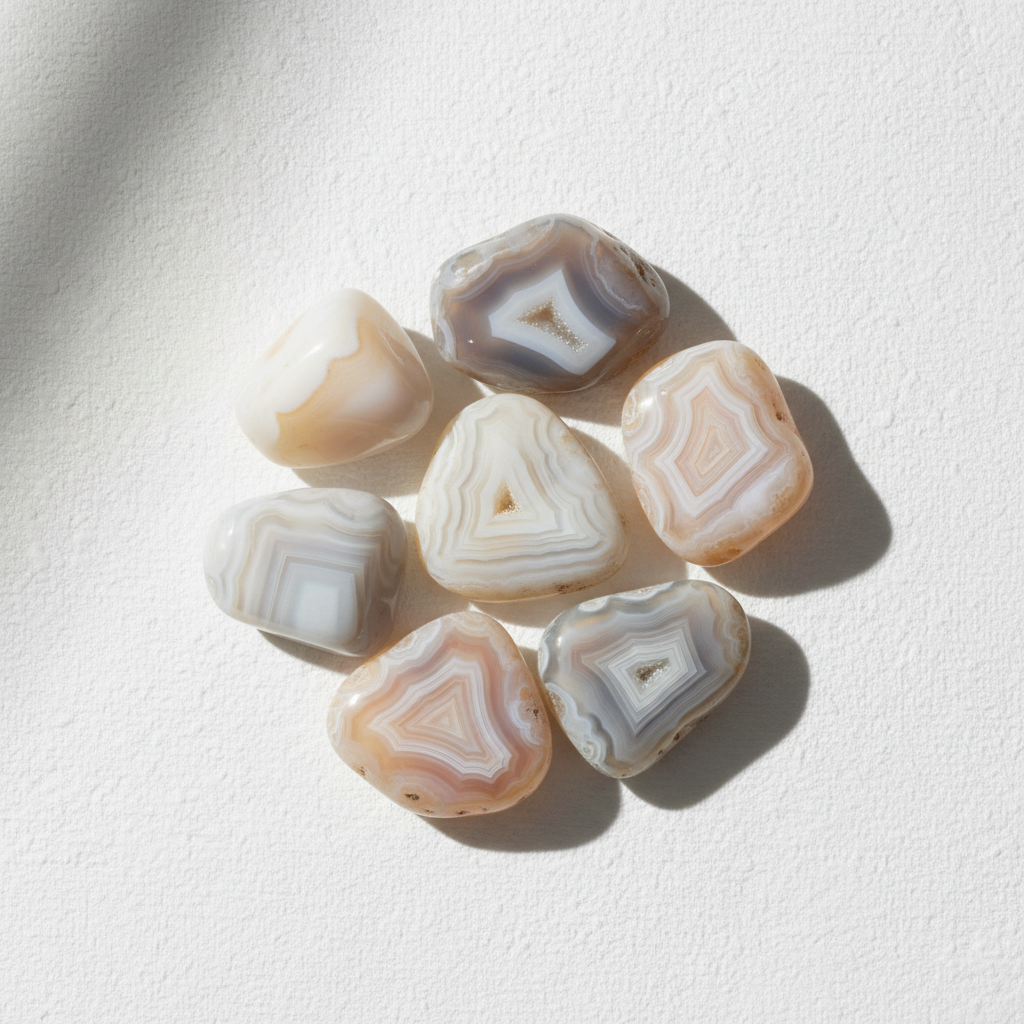 Mixed agate stones on bright white strongly textured background