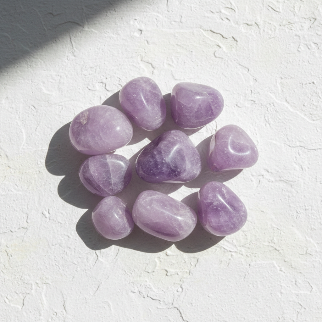 Amethyst tumbled stones, bright white textured background