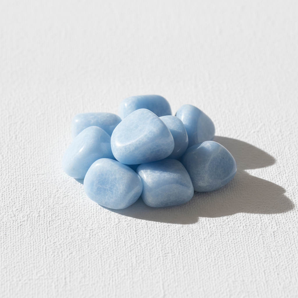 Angelite tumbled stones on bright white textured background