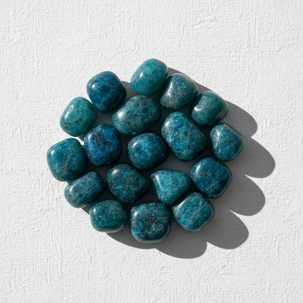 Apatite tumbled stones in deep teal on bright white textured background