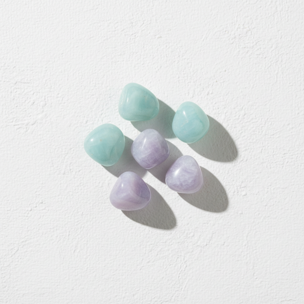 Chalcedony blue and purple tumbled stones on clean bright white textured background