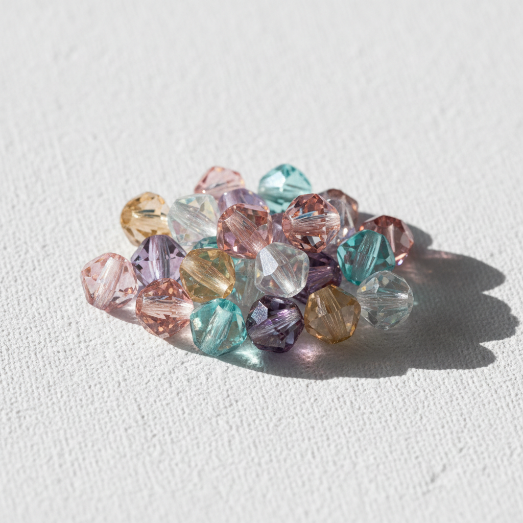 Austrian crystal bicone beads in mixed colors on bright white textured background
