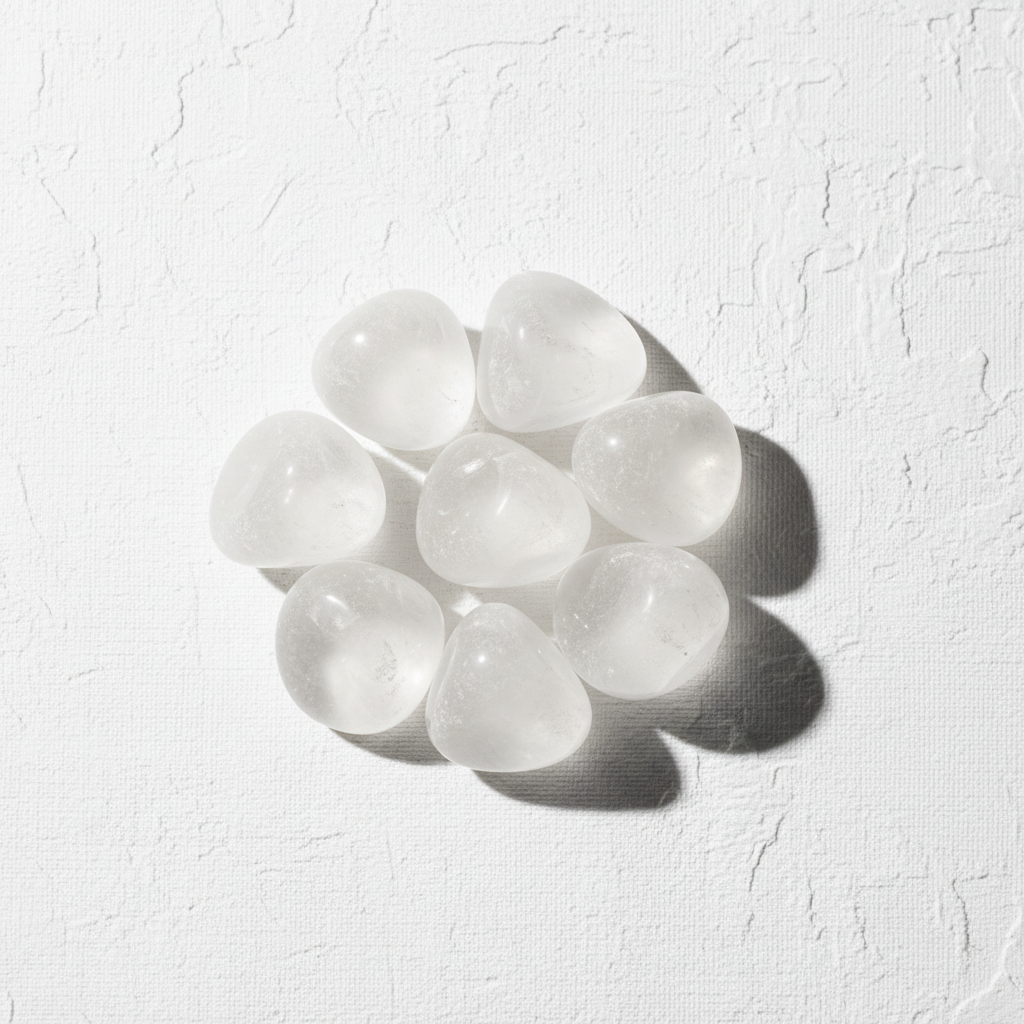 Clear quartz frosted tumbled stones on white textured background
