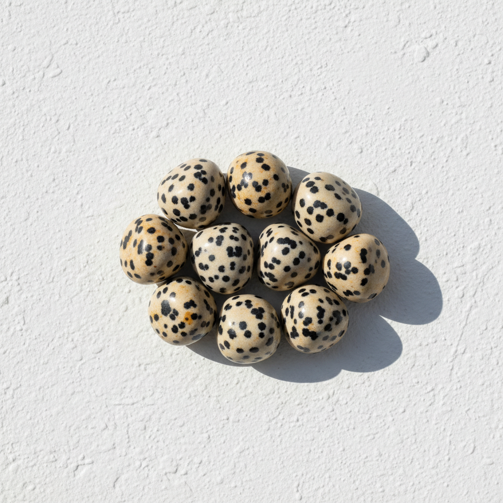 Dalmatian jasper tumbled stones in sunlit cluster on bright white textured background