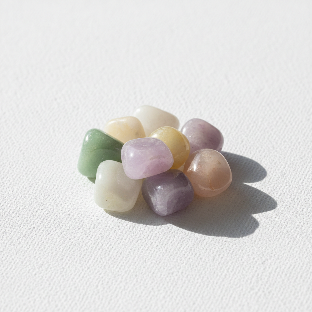 Jade tumbled stones in multiple colors on white textured background
