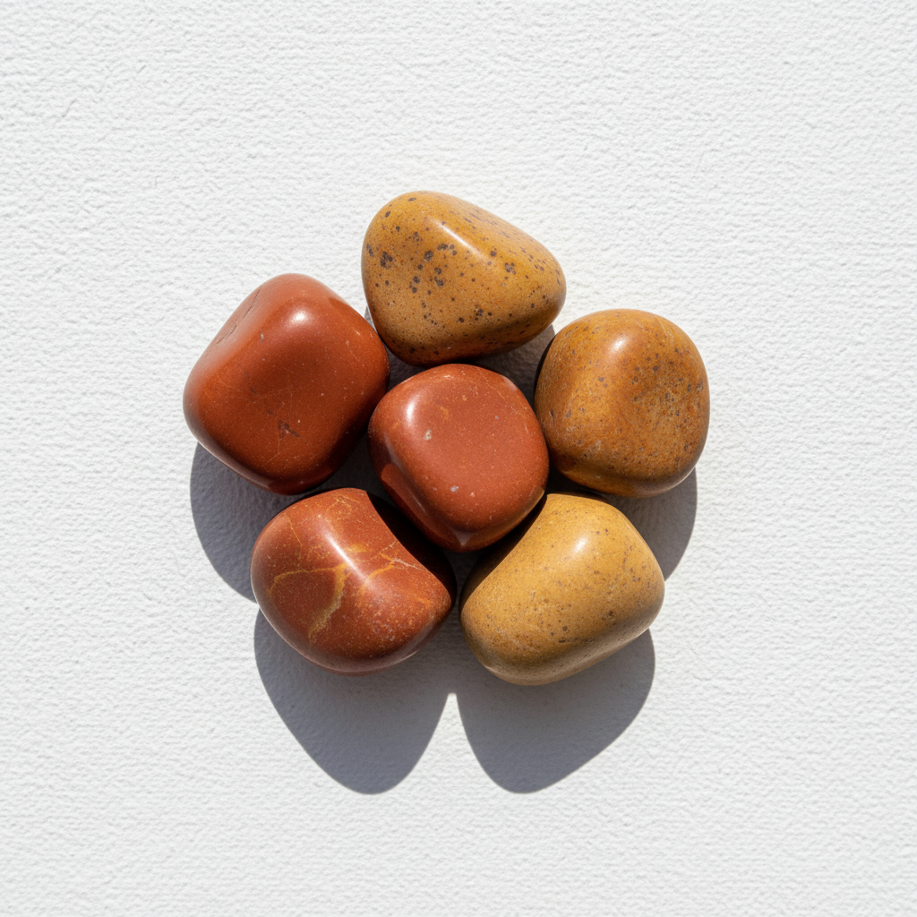 Jasper tumbled stones in earthy tones, natural close grouping, on white textured background