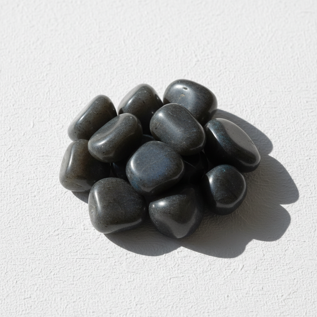 Dark charcoal labradorite tumbled stones on white textured background