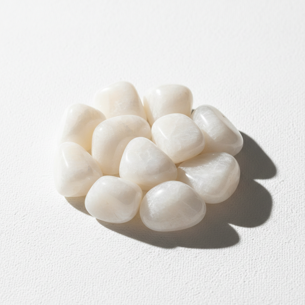 Milky white moonstone tumbled stones on bright white textured background