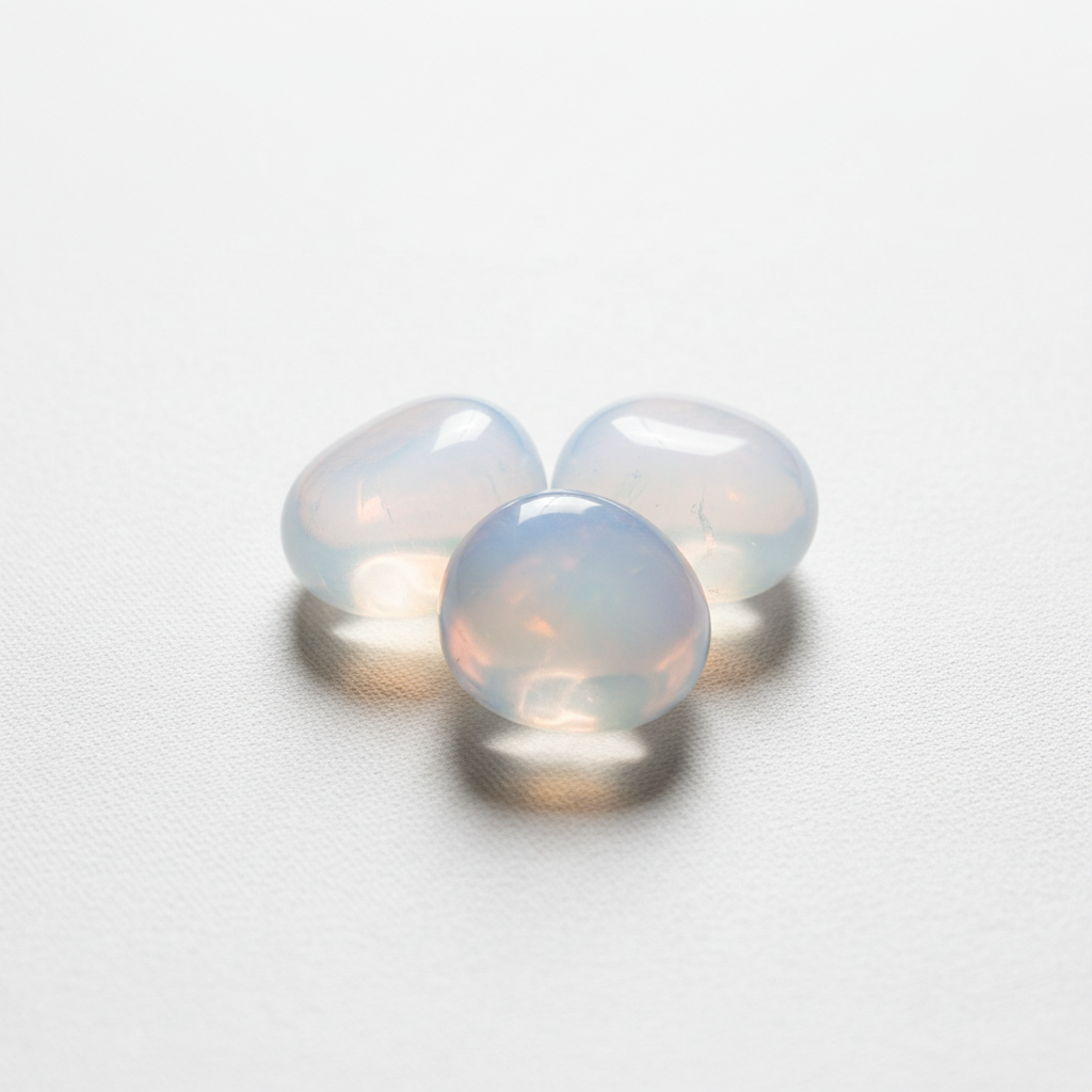 Translucent opalite stones, fewer and pulled back, on bright white textured background