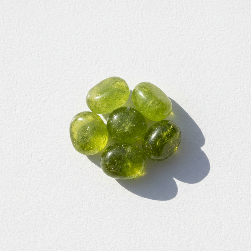 Peridot lime-green tumbled stones on bright white textured background