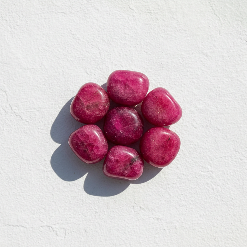 Magenta pink tourmaline cluster with soft top-left shadow on bright white background