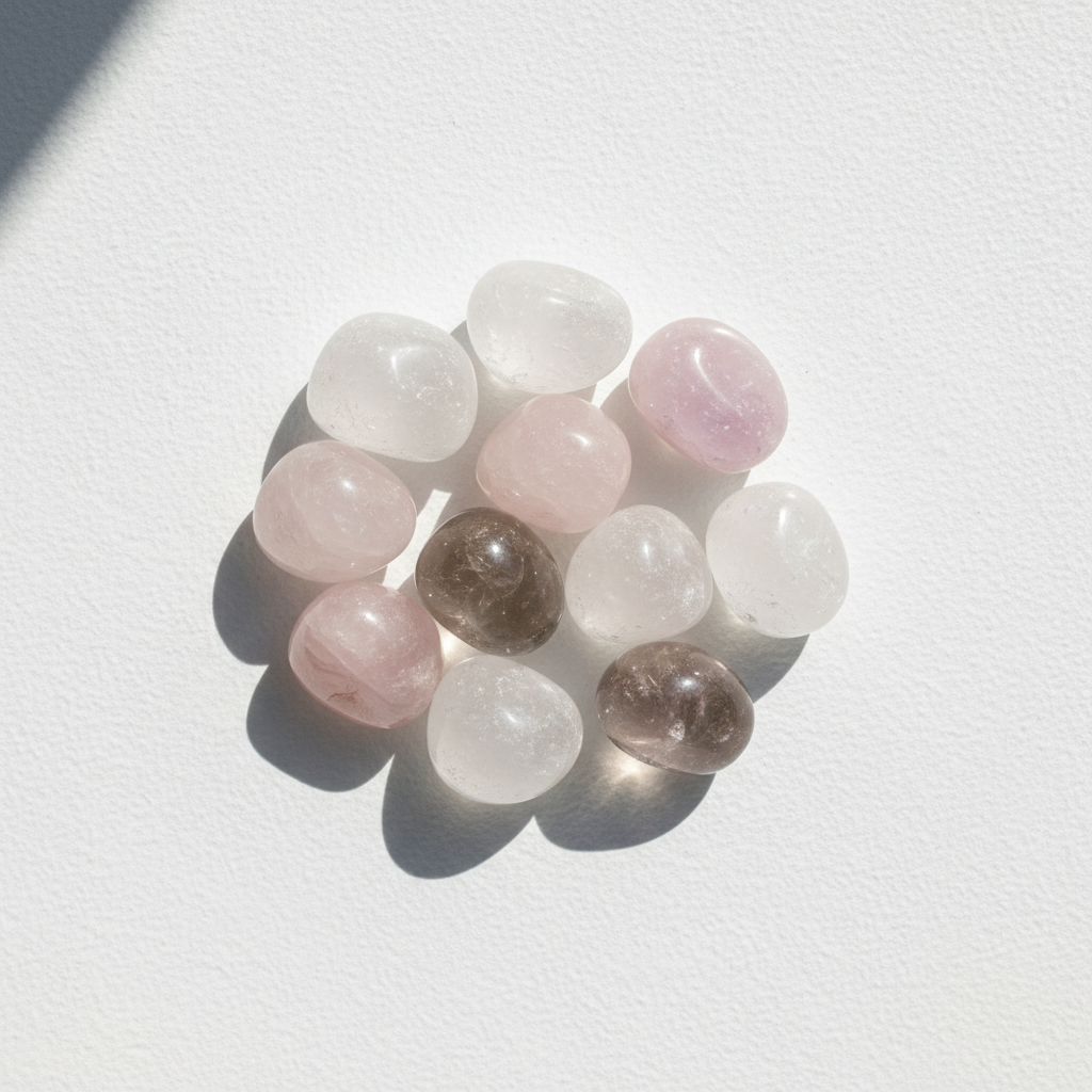 Mixed quartz tumbled stones - clear, rose, smoky, amethyst - in sunlit cluster on bright white