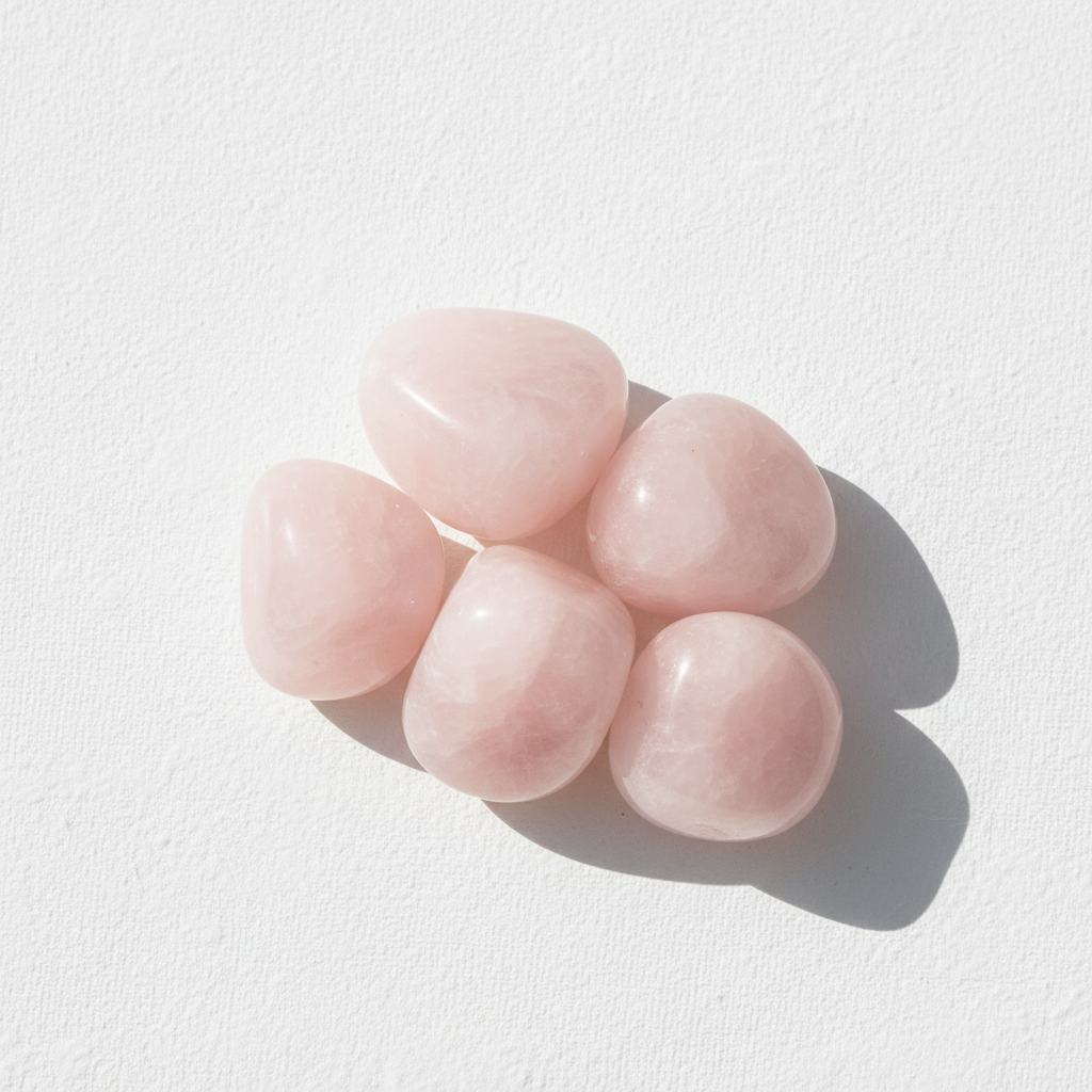 Rose quartz blush pink tumbled stones on bright white textured background