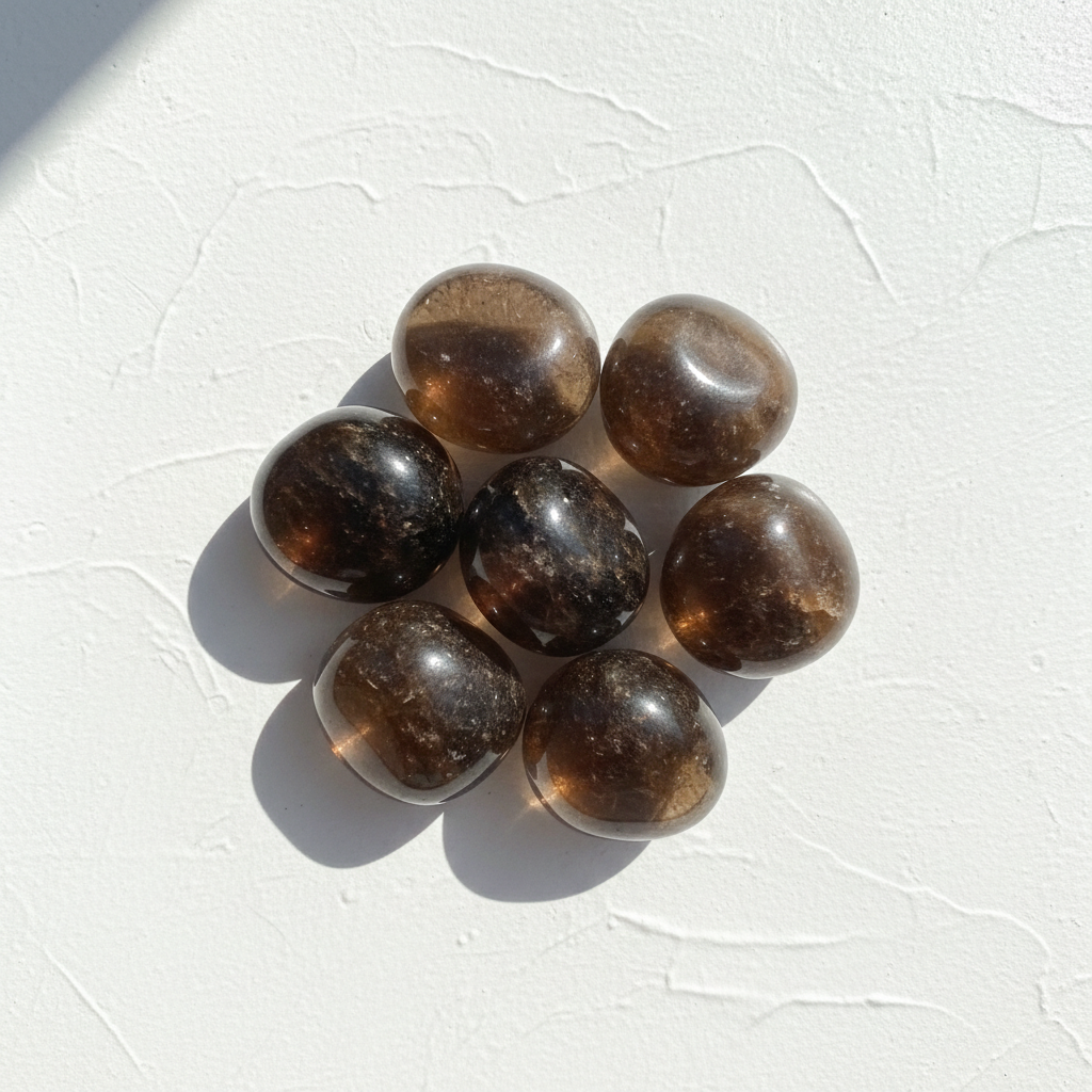 Deeper smoky quartz brown-grey tumbled stones on bright white textured background
