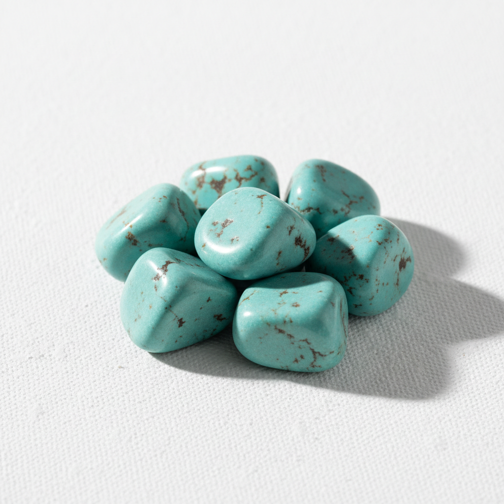 Turquoise tumbled stones, bright white textured background