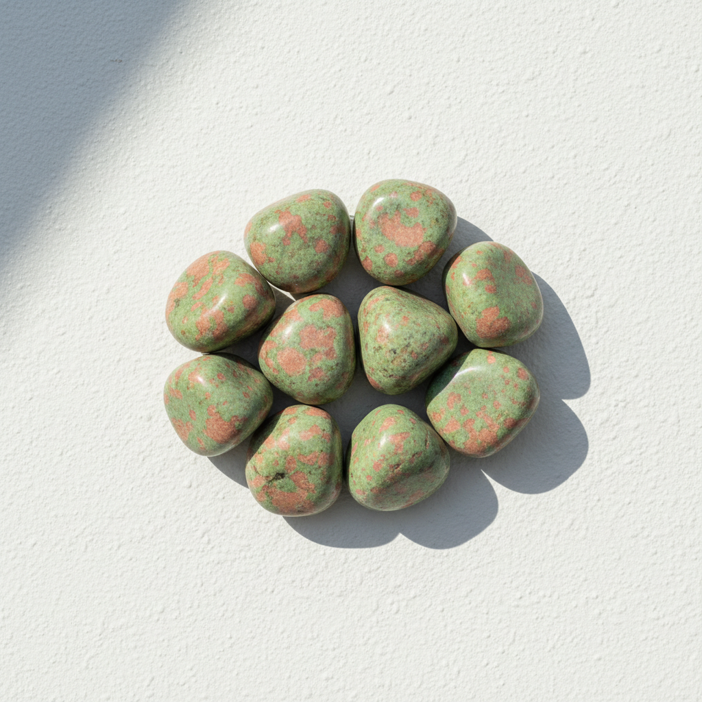 Unakite mottled green and salmon-pink tumbled stones on bright white textured background