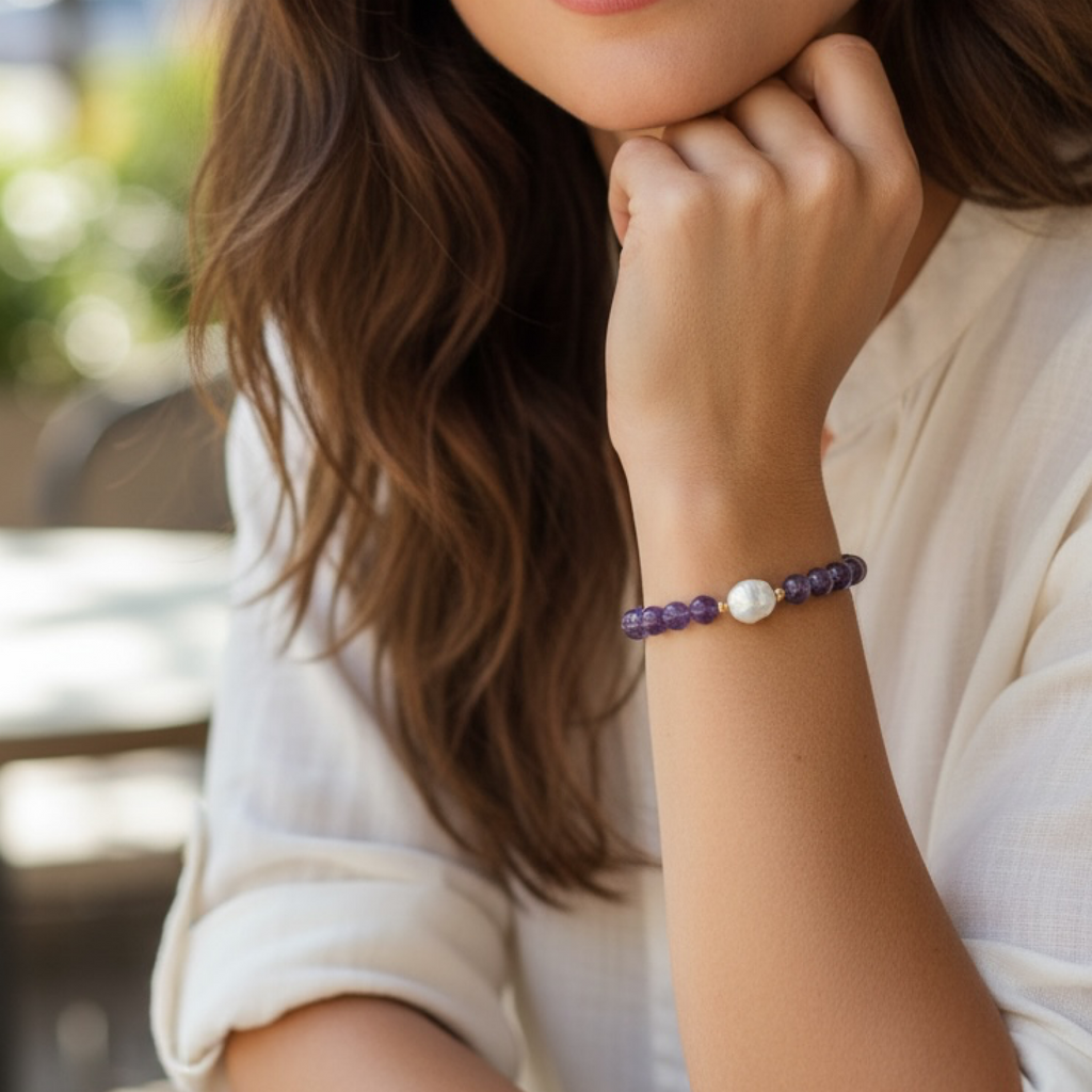 A close-up lifestyle shot of a woman wearing a beaded bracelet on her wrist. The bracelet features dark purple translucent beads and a single white pearl accent.