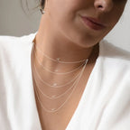 Close-up of a woman wearing layered delicate necklaces, with overlaid size guide lines showing lengths from 14 inches to 24 inches against a soft neutral background.