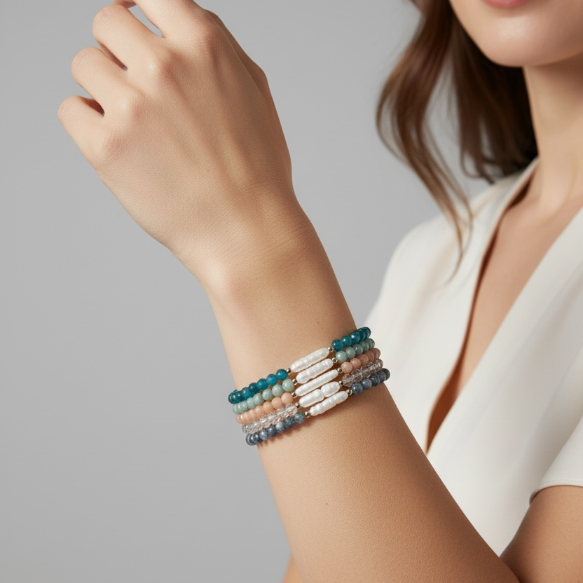 A close-up of a woman's wrist wearing a stack of four beaded bracelets in teal, cream, and slate blue, against a soft gray studio background.
