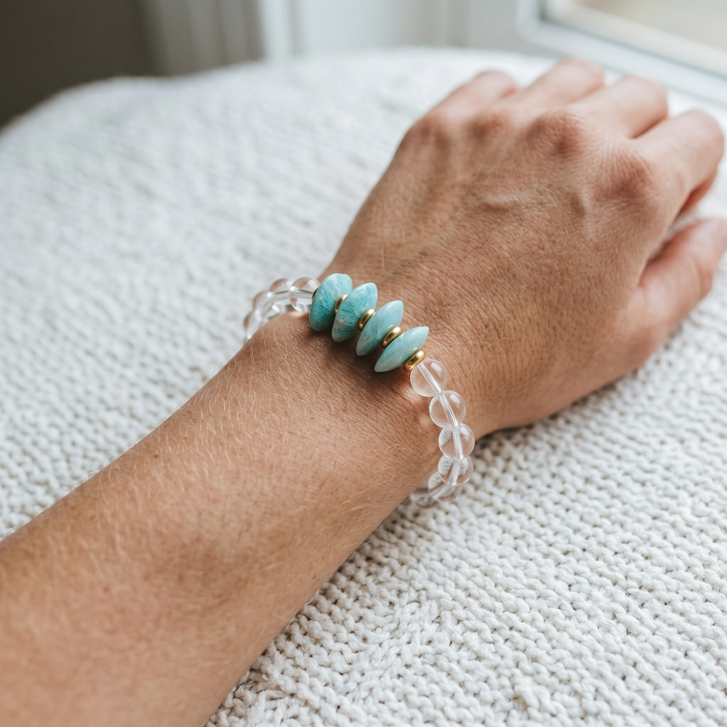 A close-up of a person's wrist wearing a beaded bracelet with five turquoise-blue oval beads separated by small gold spacers, set in a clear translucent stone or acrylic band, resting on a textured white knit blanket.