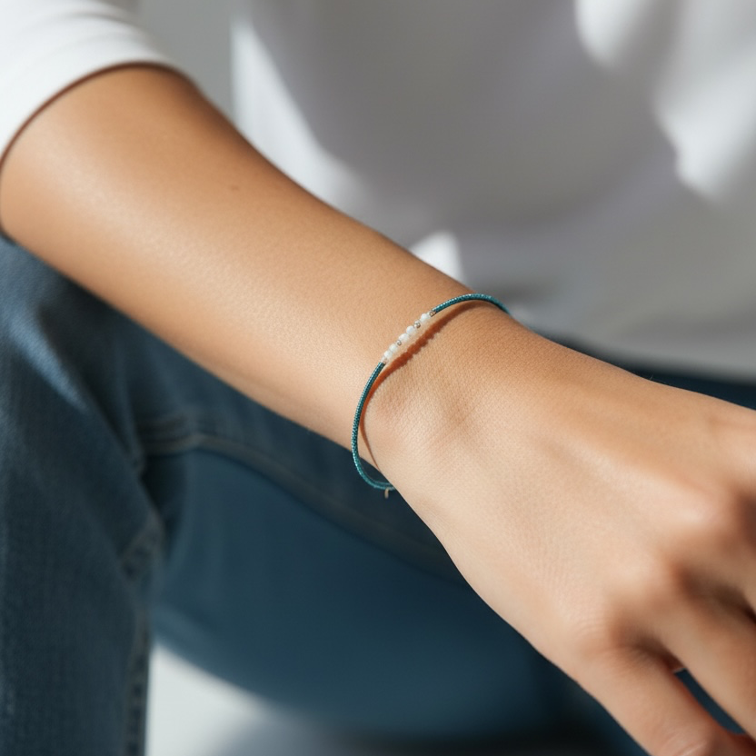 A close-up of a person's wrist wearing a wire bracelet with turquoise blue cord and a small central cluster of white beads, styled with a white long-sleeve top and blue jeans.
