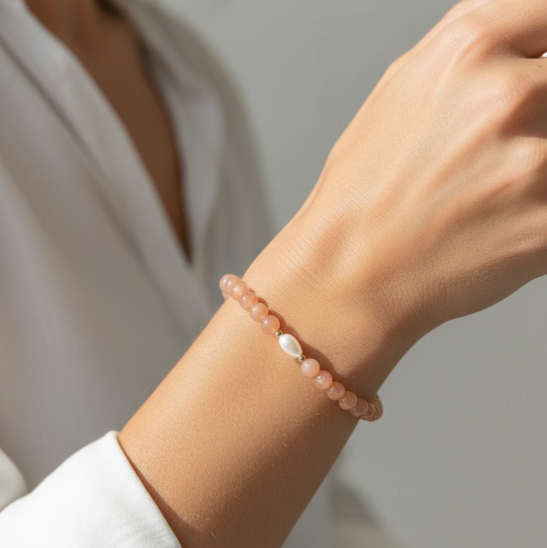 A close-up of a person's wrist wearing a delicate beaded bracelet. The bracelet consists of soft peach-pink beads with a central white teardrop-shaped bead.