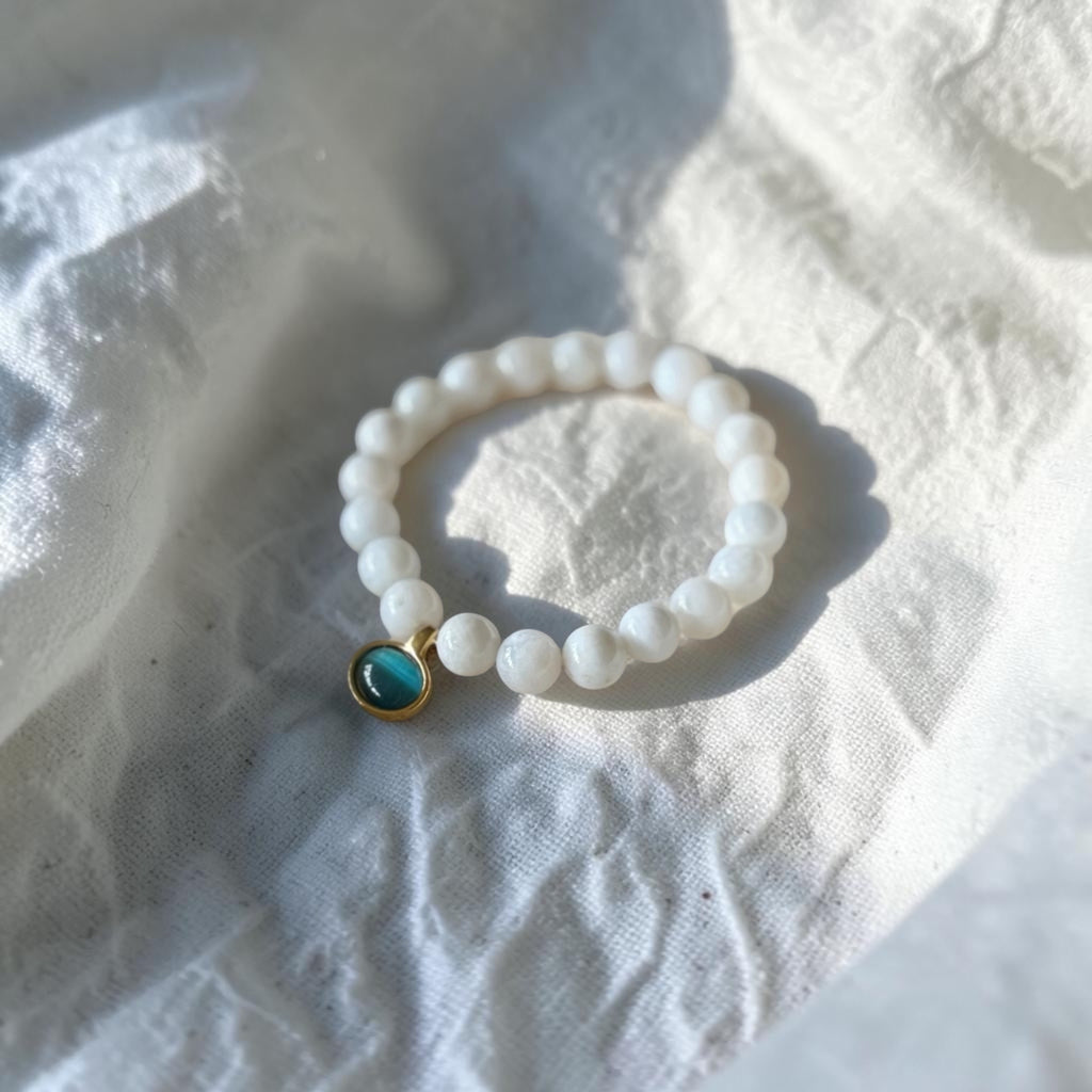 A beaded stretch bracelet made of white beads with a small gold-toned charm featuring a round turquoise-blue stone, resting on a textured white fabric surface.