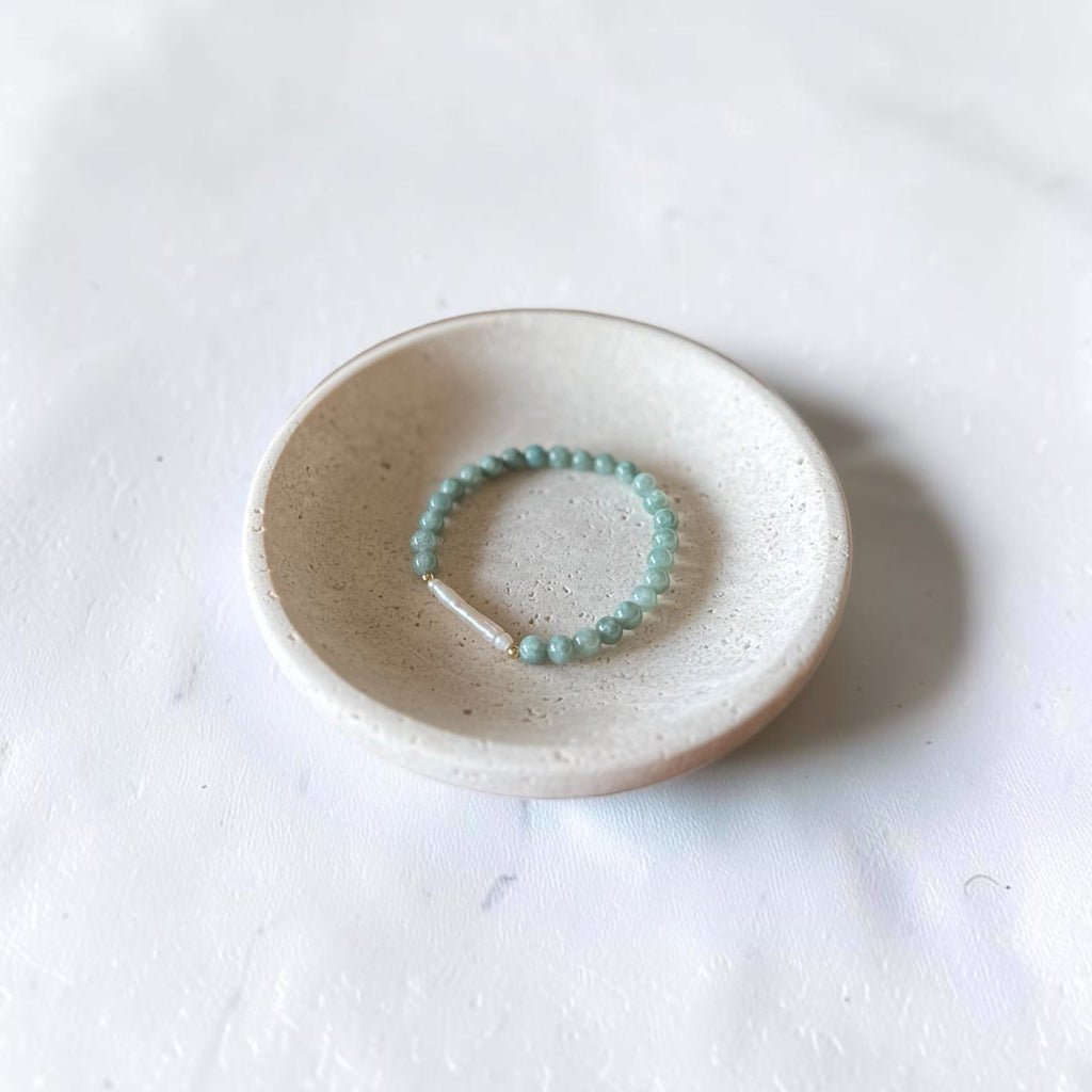 The Drew Bracelet — 6mm Green Jade, natural freshwater long pearl, and gold filled beads stretch bracelet by Poppies & Jules⠋