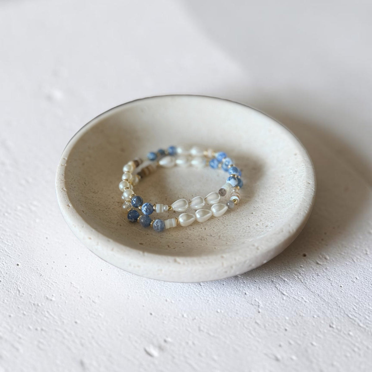 The Jodi Bracelet — Blue Fire Agate, Moonstone, and pearl stretch bracelet by Poppies & Jules