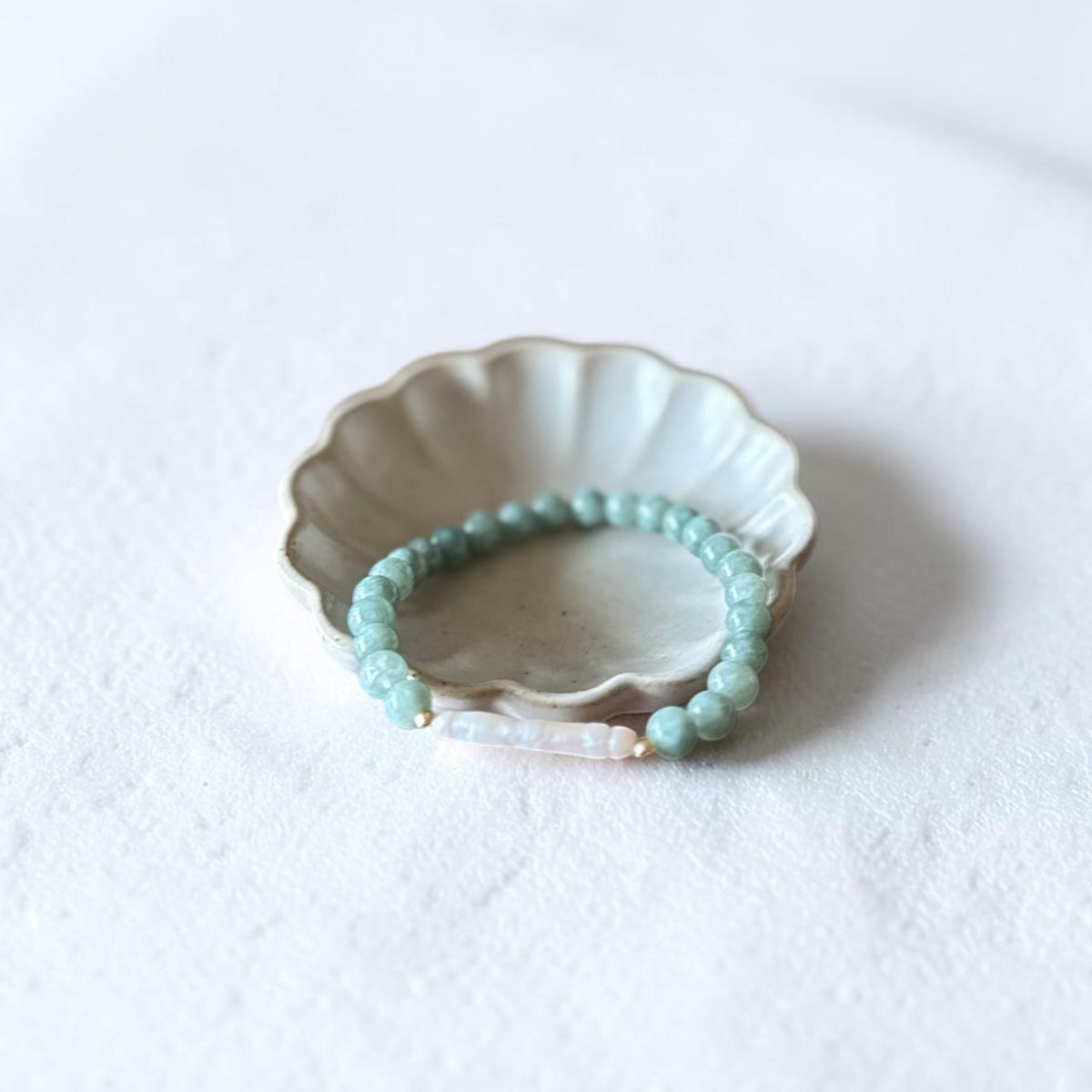 The Drew Bracelet — 6mm Green Jade, natural freshwater long pearl, and gold filled beads stretch bracelet by Poppies & Jules⠋