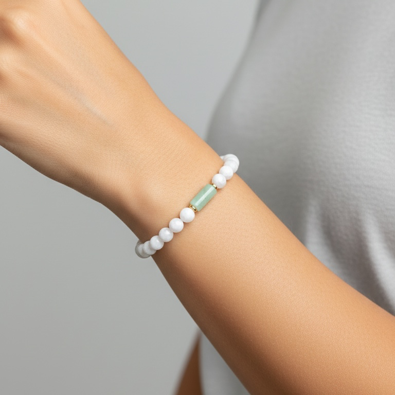 A close-up of a person's wrist wearing a beaded bracelet with white round beads and a single pale green rectangular accent bead, against a soft light gray background.