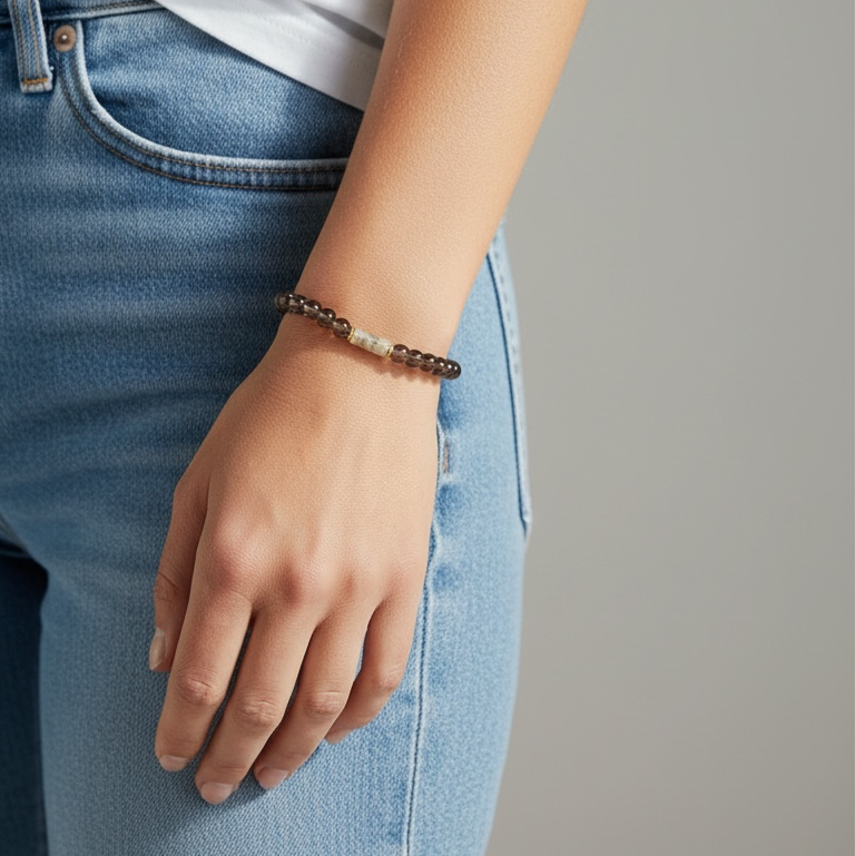 A close-up of a person wearing a beaded bracelet on their wrist, styled with a white t-shirt and light blue jeans against a neutral gray background.