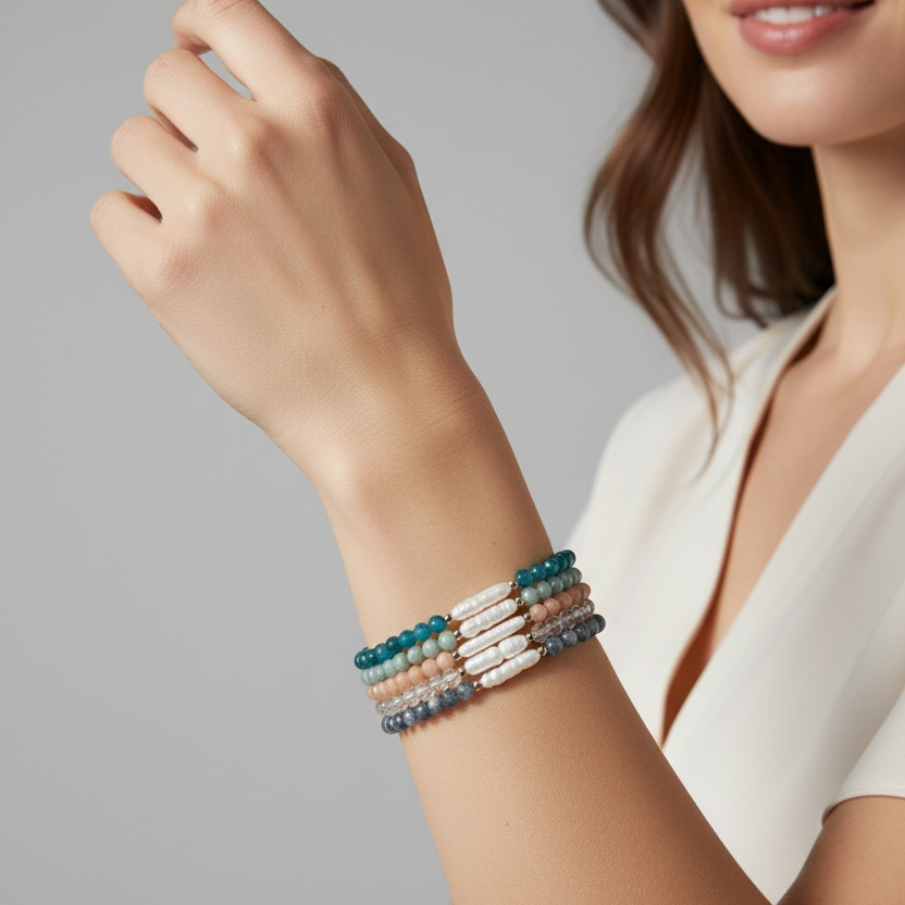 A close-up of a woman's wrist wearing a stack of four beaded bracelets in teal, cream, and slate blue, against a soft gray studio background.