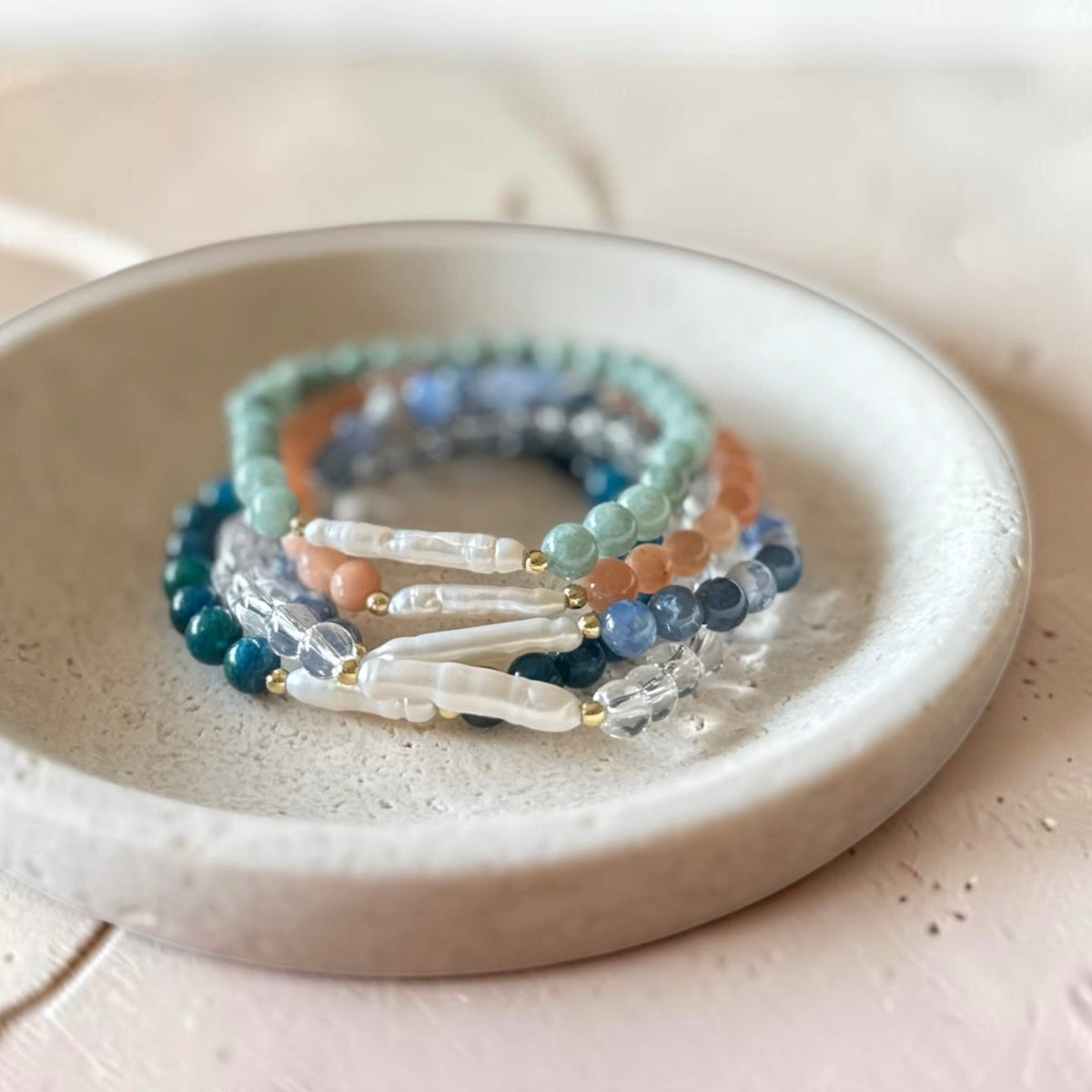 The Drew Bracelet — 6mm Green Jade, natural freshwater long pearl, and gold filled beads stretch bracelet by Poppies & Jules⠋