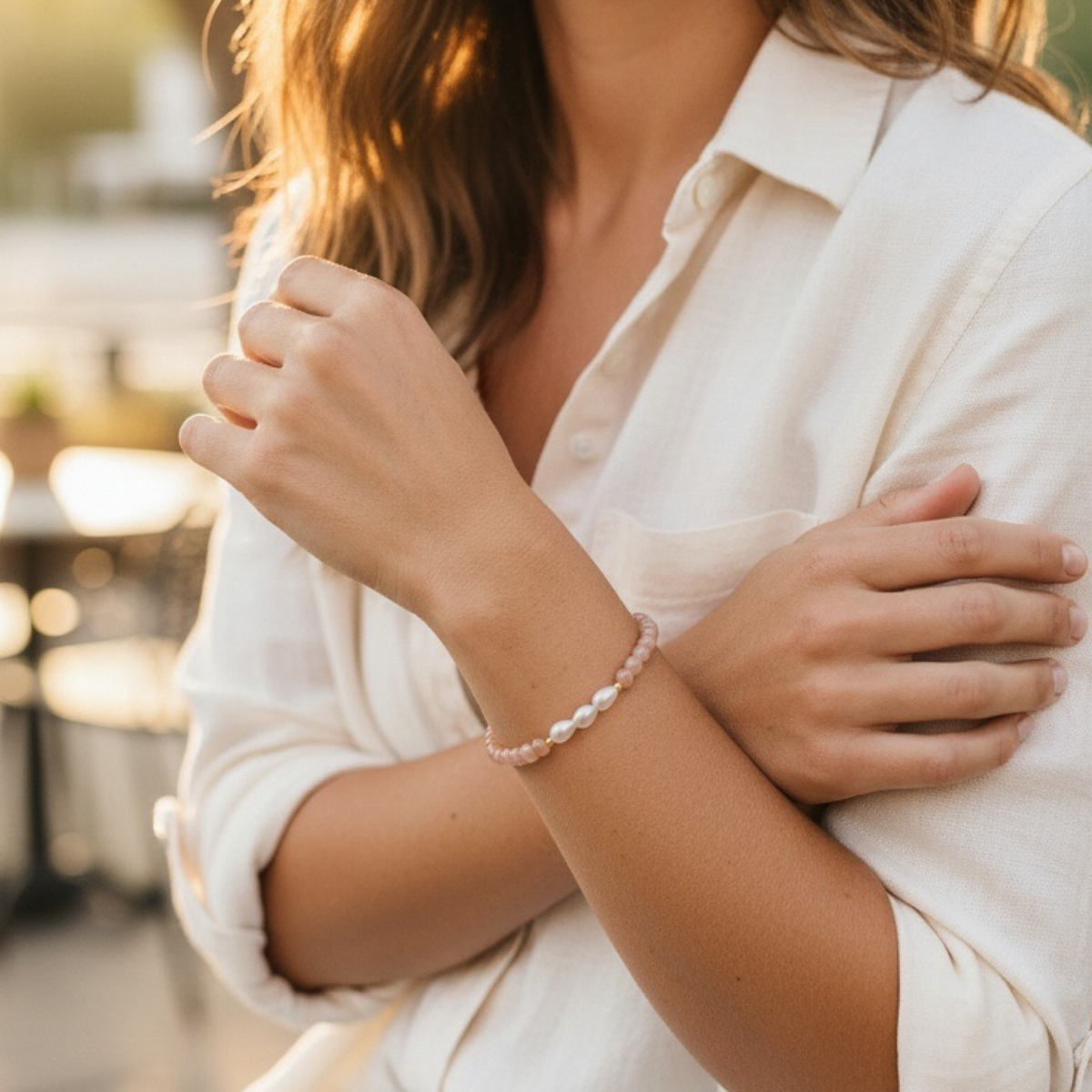 A woman wearing a delicate pink beaded bracelet on her wrist, dressed in a white button-up shirt, with a softly blurred outdoor background.