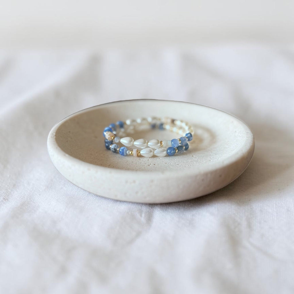 The Jodi Bracelet — Blue Fire Agate, Moonstone, and pearl stretch bracelet by Poppies & Jules