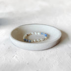 The Jodi Bracelet — Blue Fire Agate, Moonstone, and pearl stretch bracelet by Poppies & Jules