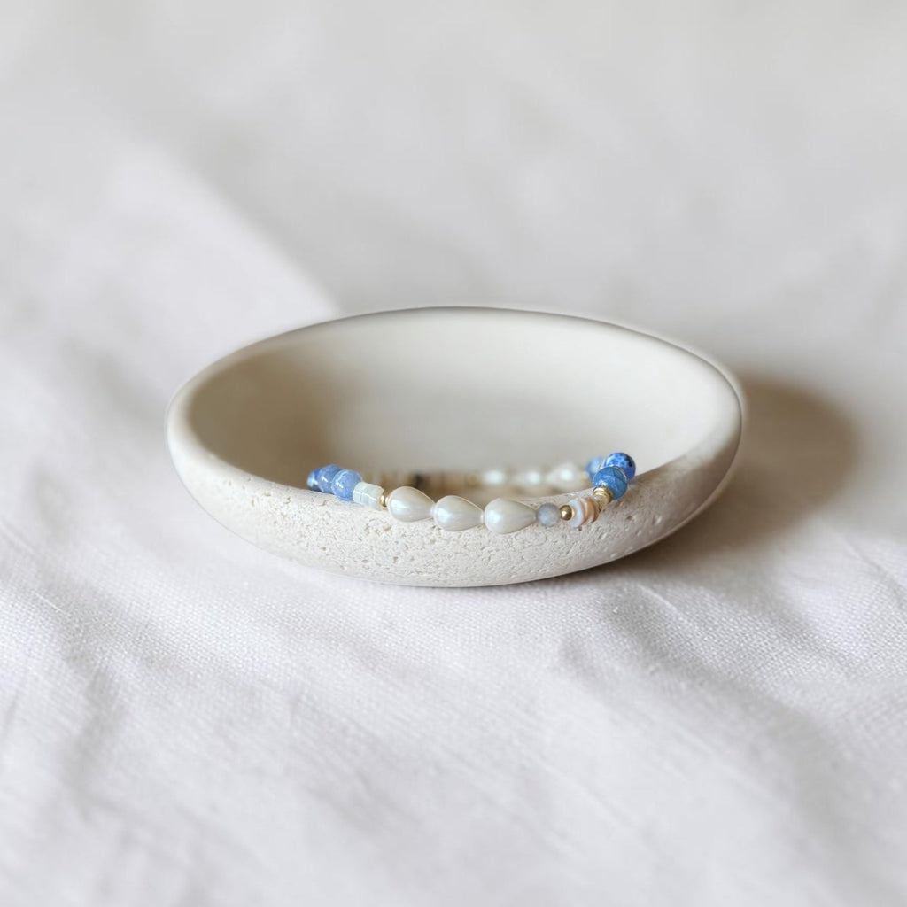The Jodi Bracelet — Blue Fire Agate, Moonstone, and pearl stretch bracelet by Poppies & Jules