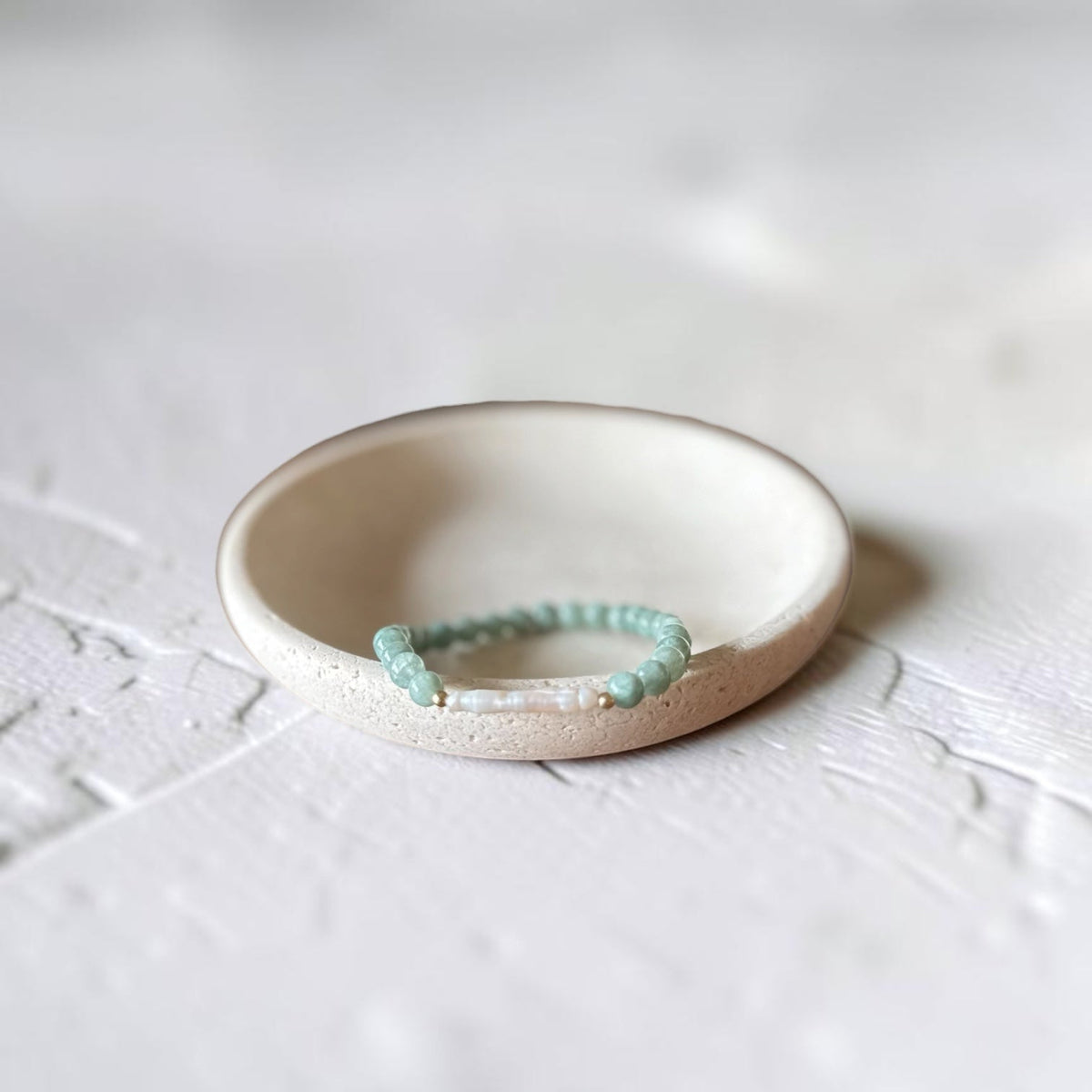 The Drew Bracelet — 6mm Green Jade, natural freshwater long pearl, and gold filled beads stretch bracelet by Poppies & Jules⠋