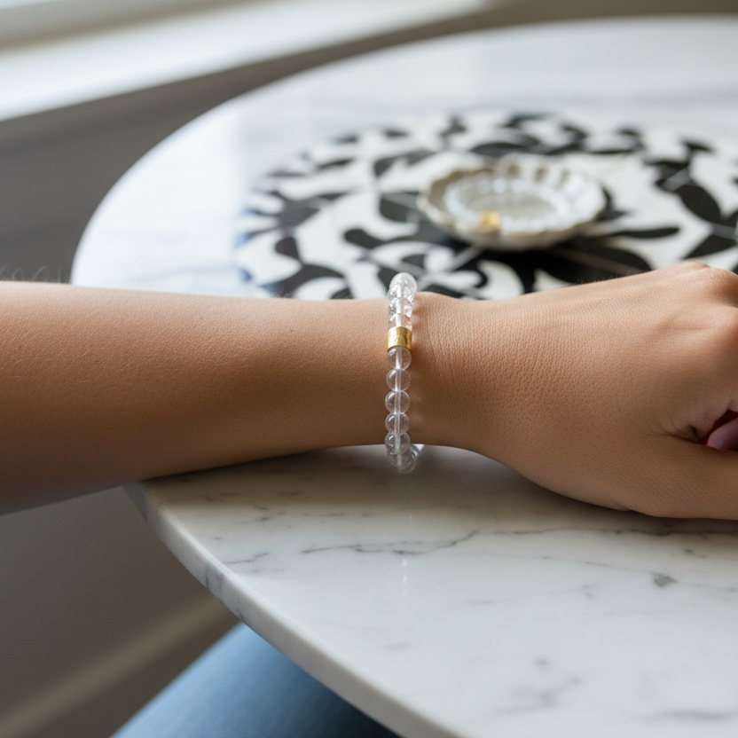 A person's wrist wearing a delicate beaded bracelet with a small gold accent, resting on a white marble table in a home setting.