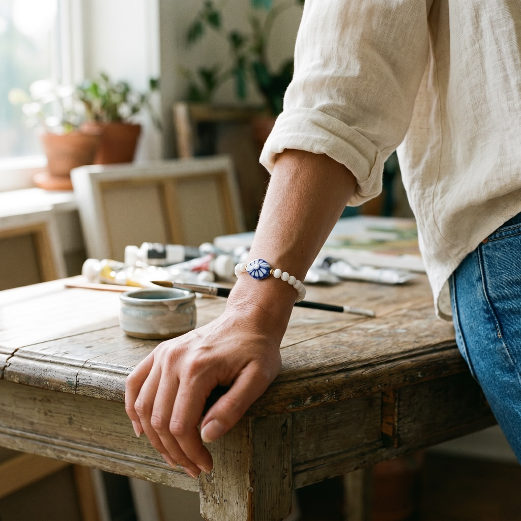 A person in a cream linen shirt and blue jeans rests their hand on a rustic wooden table in a sunlit studio, wearing a beaded bracelet with a blue and white patterned center.