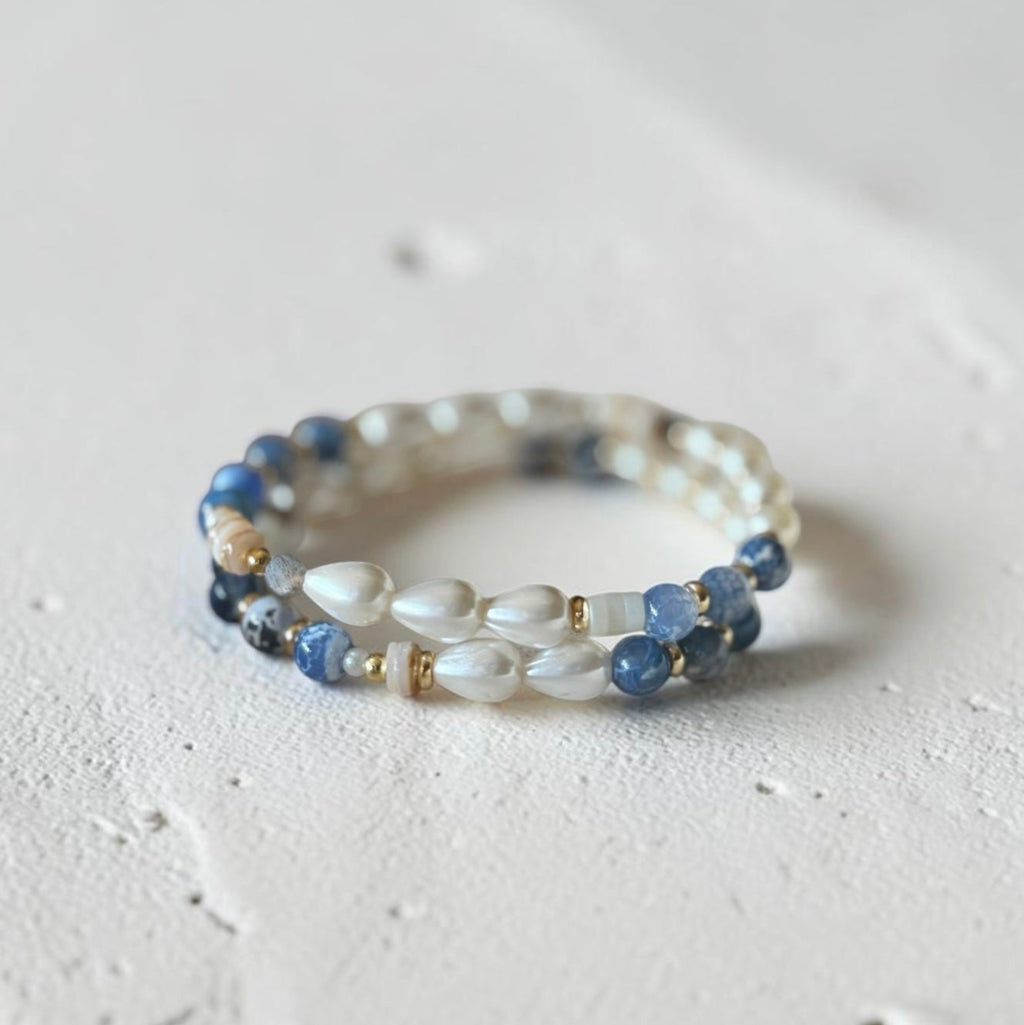 The Jodi Bracelet — Blue Fire Agate, Moonstone, and pearl stretch bracelet by Poppies & Jules