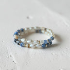The Jodi Bracelet — Blue Fire Agate, Moonstone, and pearl stretch bracelet by Poppies & Jules