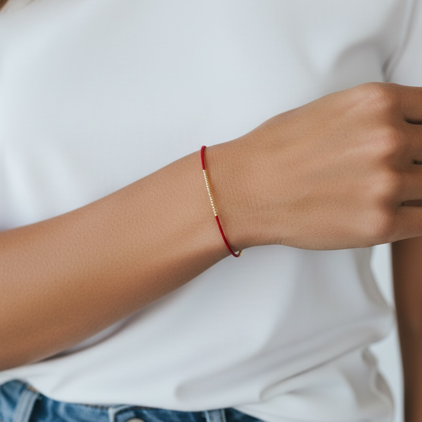 A close-up of a person's wrist wearing a delicate red cord bracelet with a small gold cylinder accent, paired with a white t-shirt and blue jeans.