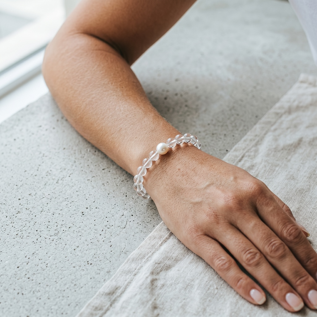 A close-up of a person's hand and forearm resting on a textured light gray surface, wearing a delicate bracelet made of clear faceted beads with a single white pearl accent.