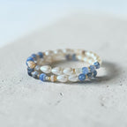 The Jodi Bracelet — Blue Fire Agate, Moonstone, and pearl stretch bracelet by Poppies & Jules