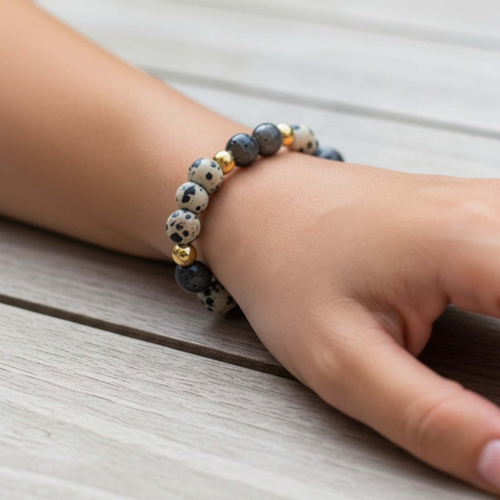 A close-up of a child's hand and wrist wearing a beaded stretch bracelet made of speckled gray and white beads with small gold spacer beads, resting on a light gray wooden surface.