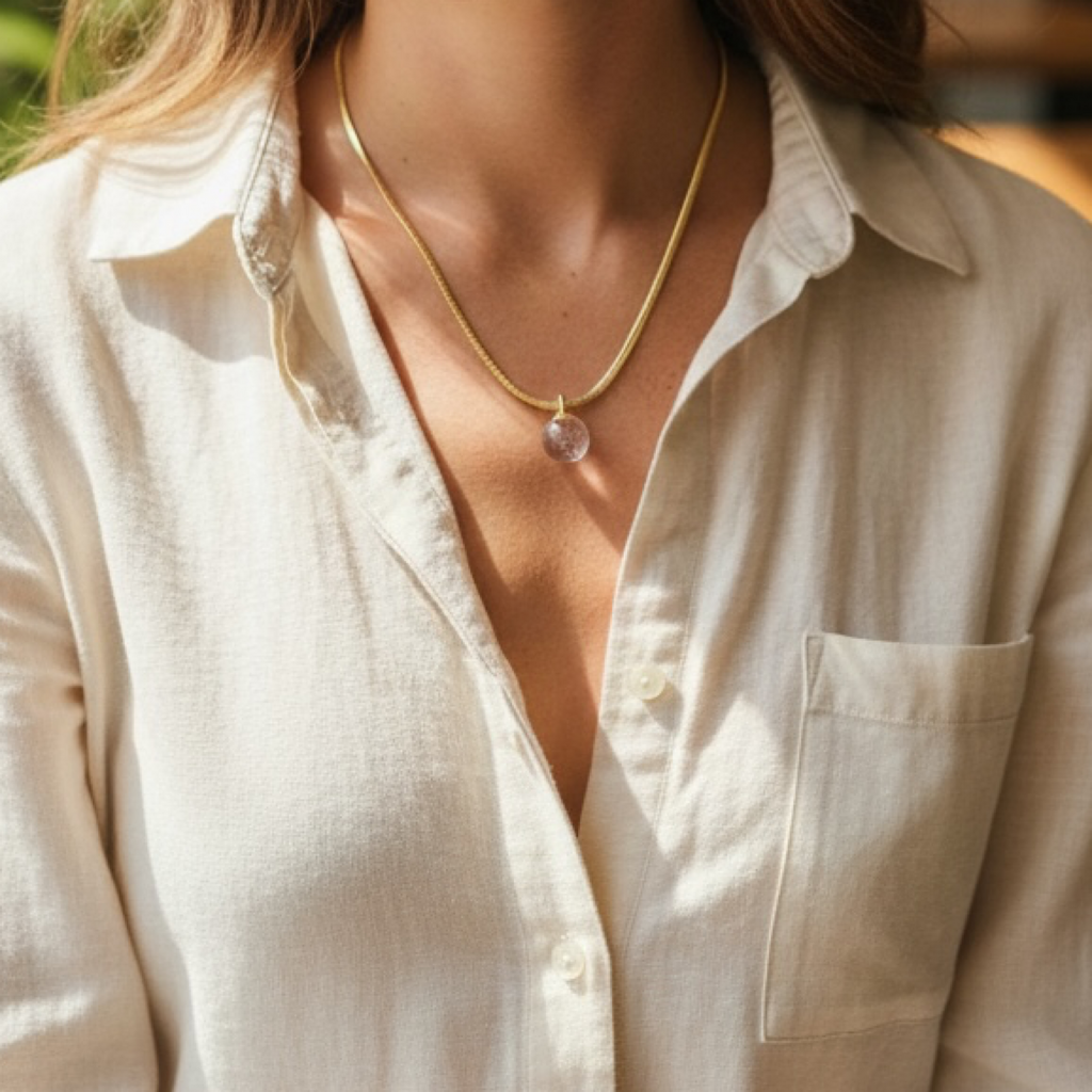 A close-up of a person wearing a delicate gold chain necklace with a small round pale pink stone pendant, paired with an off-white linen button-up shirt.