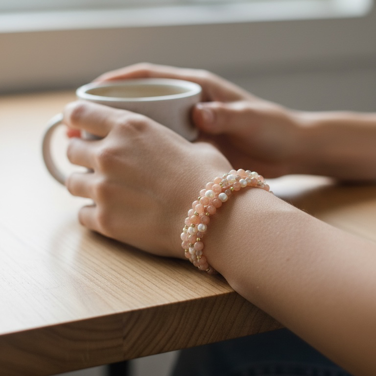 A close-up lifestyle shot of a person's hands resting on a wooden table near a window, holding a white mug. The person is wearing a peach-pink beaded bracelet on their wrist.
