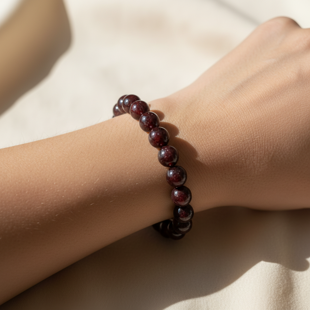 AI lifestyle image of The Mara Bracelet on a wrist. 10mm garnet bead bracelet.